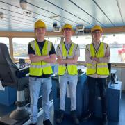 On the bridge of North Star’s Grampian Explorer, Vattenfall interns Jack Carthew, left, Farron Shilling, centre, and Will Sealey, right. Picture: Vattenfall