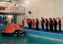 Engineering and aviation students from Amsterdam’s MBO College Airport get ready to take the plunge into East Coast College’s Environmental Survival Tank for specialist offshore wind skills training. Picture: East Coast College