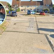 Cash was stolen from a car parked in Newsons Meadow, Lowestoft. Inset, a Suffolk Constabulary officer. Pictures: Google Images/Newsquest
