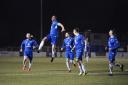 Skipper Travis Cole leads the celebrations for his Lowestoft Town FC goal. Picture: Shirley D Whitlow