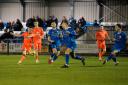 Goalscorer Kyle Haylock (in orange) for Lowestoft Town FC against Bury Town. Picture: Shirley D Whitlow