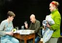 Laurie Coldwell as George Orwell, Philip Gill as Arthur Ransome and Sally Ann Burnett as Evgenia Ransome in rehearsal for Eastern Angles new play Red Skies