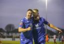 Celebration time for Lowestoft Town FC goalscorers Travis Cole and Jake Reed.
