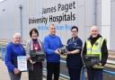The Lowestoft Lions team hand over the CD DAB radios. They are pictured with Julie and Maxine Taylor, the James Paget Hospital charity manager. Picture: Mick Howes