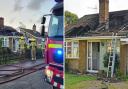 Firefighters pictured tackling the blaze on the left, and the aftermath of the fire on the right