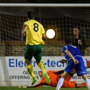 Adam Phillips fires Norwich City U23s 2-0 up at Lowestoft. Picture: James Bass