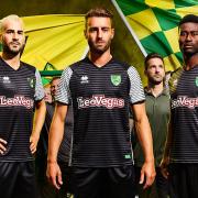 Norwich City trio, from left, Mario Vrancic, Ivo Pinto and Alex Tettey model Norwich City's new away strip, which was unveiled on Friday and will be given its first outing at Cambridge. Picture: Norwich City FC