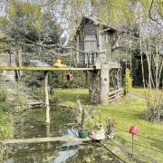 The home has a treehouse with a bridge which overlooks a large pond