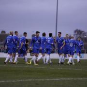 Lowestoft Town FC players celebrate after scoring against Great Wakering Rovers