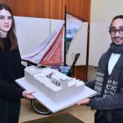 Katarina Santic and Shemal Rahman, of architect firm HAT Projects, holding a scale model of what Lowestoft Town Hall could look like when finished