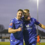 Celebration time for Lowestoft Town FC goalscorers Travis Cole and Jake Reed.