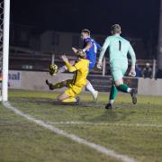 Josh Harvey scores the opening goal for Lowestoft Town FC versus Basildon United. Picture: Shirley D Whitlow