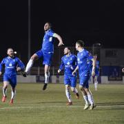 Skipper Travis Cole leads the celebrations for his Lowestoft Town FC goal. Picture: Shirley D Whitlow