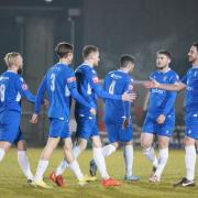 Lowestoft Town FC goal celebrations during their 0-3 away win at Haverhill Rovers. Picture: Shirley D Whitlow