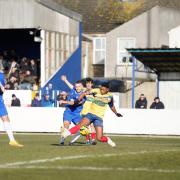 Jake Reed fires in a shot for Lowestoft Town FC. Picture: Shirley D Whitlow