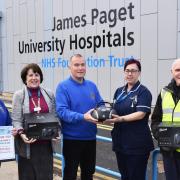 The Lowestoft Lions team hand over the CD DAB radios. They are pictured with Julie and Maxine Taylor, the James Paget Hospital charity manager. Picture: Mick Howes