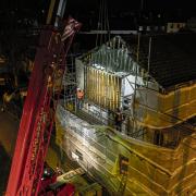 Work to remove the Banksy seagull mural took place at night. Picture: Oliv3r Drone Photography