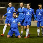 Lowestoft Town FC captain Travis Cole celebrating his goal. Picture: Shirley D Whitlow