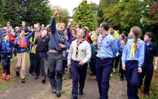 Chief Scout Bear Grylls at Fritton with Mel Buck (centre).
