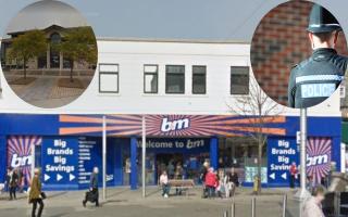 B&M in Lowestoft, where the assault took place. Inset: Great Yarmouth Magistrates Court and a Suffolk Constabulary officer