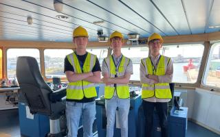 On the bridge of North Star’s Grampian Explorer, Vattenfall interns Jack Carthew, left, Farron Shilling, centre, and Will Sealey, right. Picture: Vattenfall