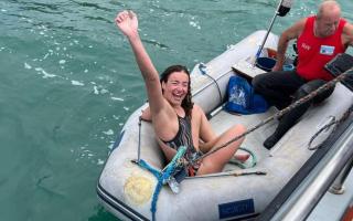 Evie celebrating the end of her swim. Picture: Pathways Care Farm
